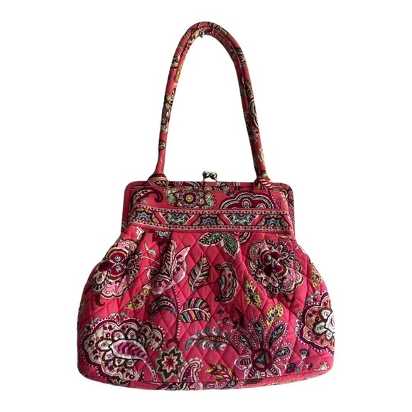 Vera Bradley Handbags - Vera Bradley Call Me Coral Large Kisslock Metal Clasp Bag 12" High Round Handles